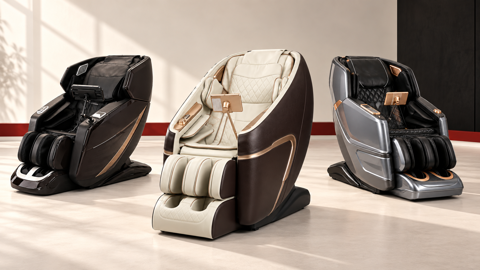 Three distinctive RoboSTAR massage chairs in a premium studio lineup