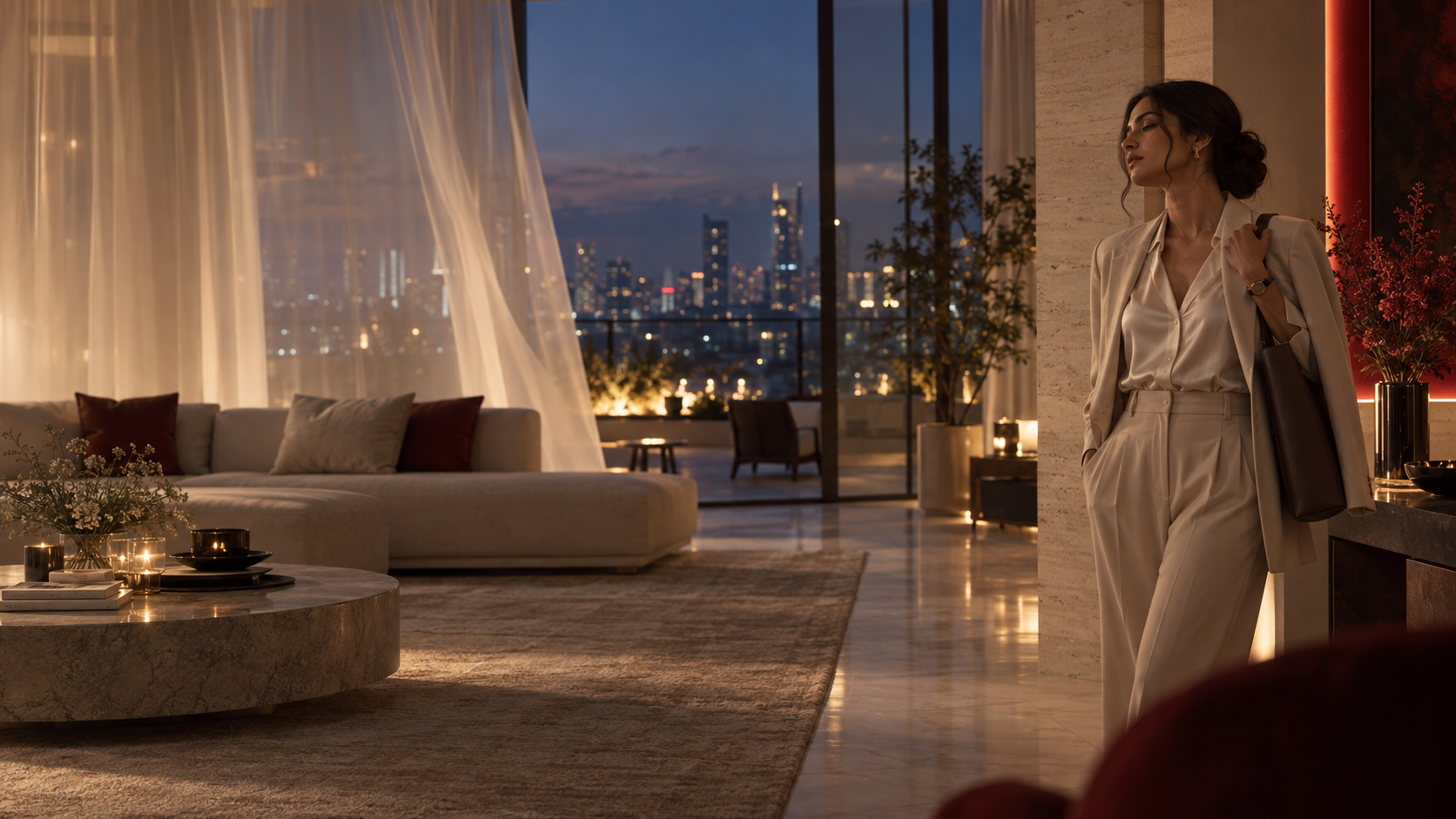 A professional pausing in a serene home at the end of a demanding day